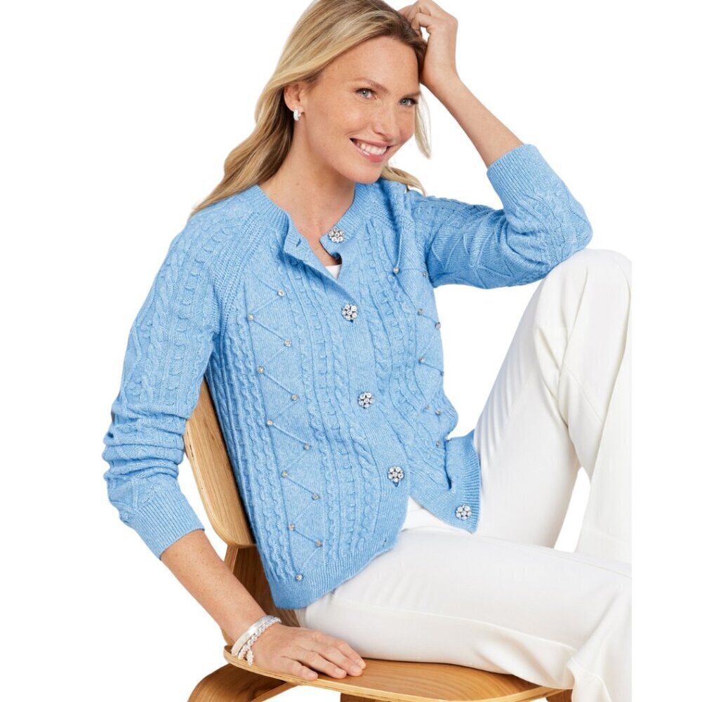 Talbots Blue Crystal Beaded Crewneck Cardigan Sz M